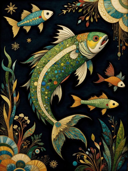 Medieval themed artwork depicting black-toned Chinese underwater landscape, armoured bioluminescent fish, punk, intricate white and green filigree, damaged, billowing bright glitter, very detailed. The overall feel of the image is painterly. Additionally the image incorporates elements of mixed media including flowing lines drawn with fine pens and appliqued copperleaf. The general effect is of timeless fine art elegance. <lora:Paper_Marbling_Flux:0.5> <lora:Embroidered_Quilting_Flux:0.4> <lora:Eldritch_Watercolor_for_Flux:0.5> <lora:midjourney_whisper_chromaplex_v1:0.6> <lora:BookOfKells-Rapid:0.5>