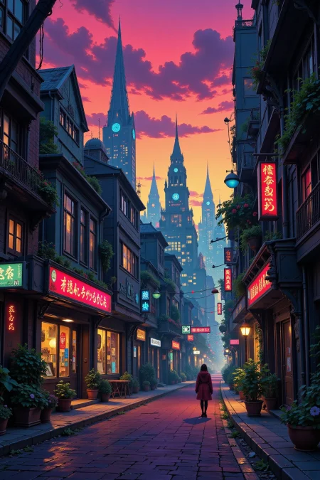 a cyberpunk futuristic street beautiful  landscape, morning, woman, very intricate, very detailed, sharp, bright, colorful, <lora:Hand v2:0.5> <lora:Anti-Blur:1><lora:Insane Detail Slider:0.25>  <lora:flux.1_lora_flyway_Epic-detail_v2:0.3> <lora:fluxenhancer:0.25> <lora:Anime_style:0.6> anime style