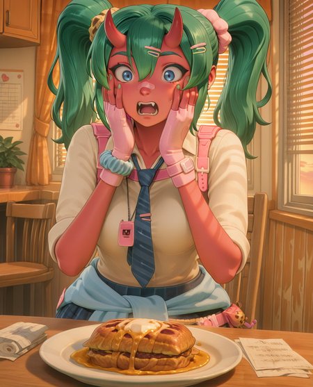highly detailed, (upper body:1.3),  (detailed background, kitchen, sunset, golden hour, shutters, blinds down, blinds, wooden table, wooden chair, orange interior, indoors:1.2),  (delicious food, surprised, hands on own face, crumbled paper, wrinkly paper on plate, paper on plate:1.5), fortnite_nemia, 1girl, solo, green hair, twintails, ponytail, long hair, bangs, hair between eyes, hair over one eye, ears, horns, oni horns, single horn, red skin, pink skin, blue eyes, parted lips, bandaid, bandaid on nose, bandaid on thighs, breasts, shirt, school uniform, necktie, plaid skirt, thighhighs, socks, loose socks, boots, jewelry, earrings, bracelet, charm, belt, gloves, fingerless gloves, knee pads, leg warmers, collarbone, solo, colored skin, hair ornament, hairclip, scrunchie, holster, striped necktie, clothes around waist, oni, plaid, charm (object), blue necktie, sweater around waist, animal print, heart, shoes, star (symbol), thigh holster, fangs, teeth, <lora:Fortnite_Nemia_Demonically_Cute_Set_ILXL_E41_16_DIM:1>, <lora:delicious_food_surprised_hands_on_own_face:0.8>