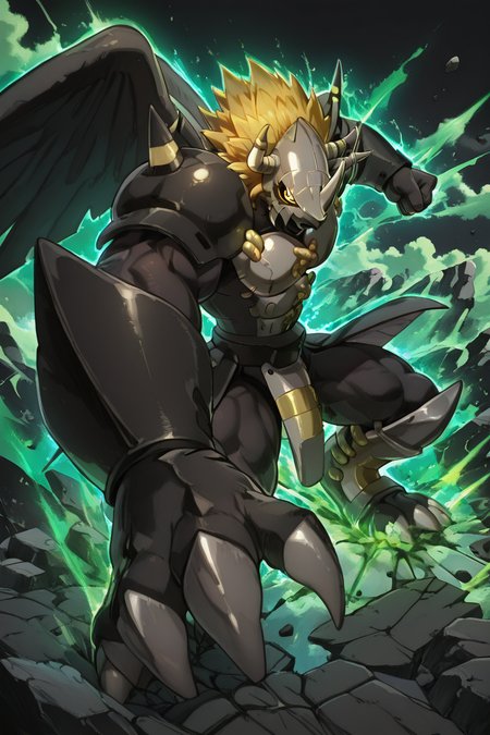 masterpiece, best quality,   zzBlckWrgrymn, solo, no humans, horns, armor, helmet, blonde hair, spikes, yellow eyes, 1boy, male focus, monster, claws, robot, shoulder pads, mask,  wings, dynamic pose,   incoming attack, foreshortening, dynamism, motions lines, green aura, serious, green plain, black sky, cloud, smashed ground, rocks floating, side view, muscular, glowing, muscular male, clenched hand, looking at viewer, glowing eyes, gold eyes,  <lora:BlackWargreymonDigimonIXL:1.0>,  <lora:DBSBroly_Style_IXL_v2:0.8> <lora:IckpotIXL_v1:0.6>,