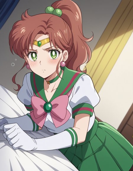 score_9, score_8_up, score_7_up, source_anime, <lora:makoto-kino-eternal-movie1-ponyxl-lora-nochekaiser_r1:1>, makoto kino, brown hair, circlet, green eyes, hair bobbles, hair ornament, medium hair, ponytail, sidelocks, parted bangs,, back bow, bow, bowtie, brooch, choker, earrings, elbow gloves, flower earrings, gem, gloves, green choker, green gemstone, green sailor collar, green skirt, jewelry, miniskirt, pink bow, pink bowtie, pleated skirt, sailor collar, shirt, short sleeves, sidelocks, skirt, white gloves, white shirt,, indoors, bed, bed room, on side, blush, drunk, looking at viewer, solo,, cowboy shot, dutch angle