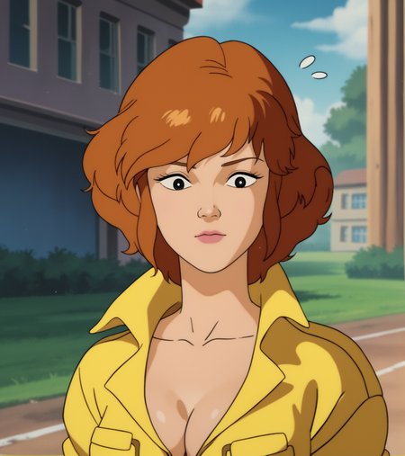 score_9, score_8_up, score_7_up,  
apriloneil, yellow jumpsuit, face focus, blurry background, outdoors, day, breasts, cleavage, collarbone, flying sweatdrops, retro_artstyle, cartoon, source_cartoon, lowres, 1990s_(style), <lora:April_ONeil:1>