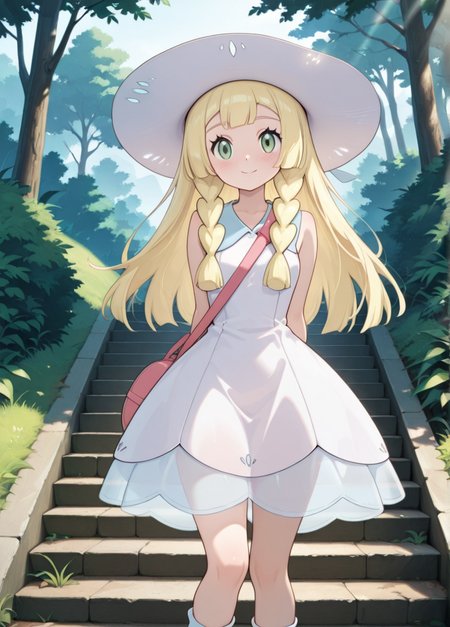 masterpiece, best quality, amazing quality, very aesthetic, absurdres, newest, detailed background, cowboy shot, outdoors, looking at viewer, official style, 
lilliexd, 1girl, solo, green eyes, hat, dress, blonde hair, long hair, sleeveless, outdoors, braid, white dress, sleeveless dress, standing, white headwear, sun hat, smile, bag, twin braids, tree, see-through, arms behind back, socks, collared dress, day, bangs, eyelashes, knees, shoes, stairs, blush,
 <lora:Lillie_-_Pokemon_Illustrious:1>