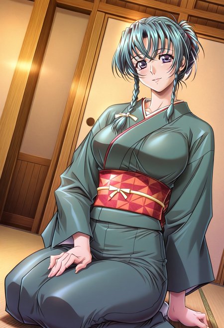 masterpiece, best quality, newest, highres, uncensored, 1girl, yokota mamoru style,motion lines,1girl,Kisaragi Shizuka,Long hair,Teal hair,Tiny Braid,Violet eyes,large breasts,,  hair bun, single hair bun, braid, french braid,japanese clothes, kimono, sash, obi, green kimono,indoors, sitting, seiza,looking at viewer, cowboy shot, solo, dutch angle,