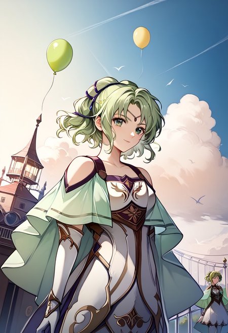 score_9, score_8_up, score_7_up, highres, (best quality:1.1), masterpiece, absurdes, multiple girls, utdoors, sky, solo focus, day, cloud, 1girl,  blue sky,balloon, roller coaster,  <lora:NSLArachelFE8:1> NSLArachelFE8, green eyes, green hair, circlet, hair ornament, pauldrons, white armored dress, green capelet, white elbow gloves, white thigh boots, armored boots, (upper body:1.2)