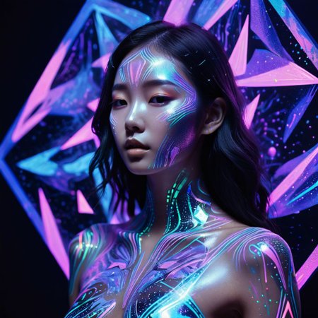 K-pop star as canvas, holographic body paint, flowing geometric patterns, bioluminescent creatures, augmented reality, blacklight environment, ethereal glow, abstract shapes, otherworldly