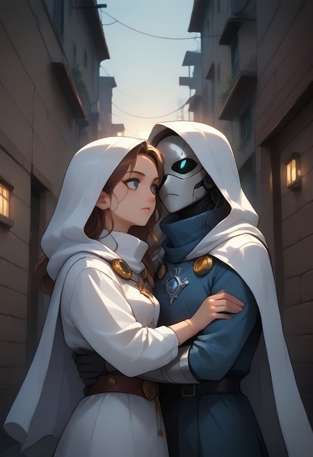 hidden face, mysterious character draped in a tattered white cloak with a hood, standing upright, holding a sliver sword with one hand on the hilt and positioned in front of him, nobility and secrecy, with armor gear visible around the waist. background is dark snowy alley, enigmatic aura of the character. The style is ethereal and artistic, soft lighting and shadows, cinematic warm lighting, mystery, white cloak should have a soft texture, sword should have a shiny metallic sheen. <lora:mommyfy_V2:1>