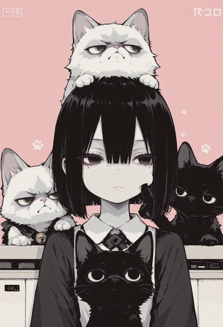 1girl, solo, black hair, bob cut, hair between eyes, solid black eyes, detailed eyes, looking to the side, mole under eye, head support, head on counter, expressionless, pale skin, straight on, close up, animal focus, grumpy cat, black cat,cat on head, paw on another's cheek, (cheek poking:1.1), pink dithering background, chromatic aberration,dithering,pixel art, no lineart, no outline, blending, flat color,15546+456868, r17329_illu,S4bit4mago_illu