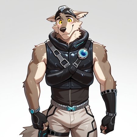 masterpiece, best quality, amazing quality, 1boy, solo, WendellFN, bara, hat, vest, shirt, shorts, fingerless gloves