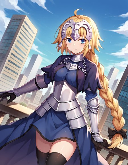 score_9, score_8_up, score_7_up, source_anime,
jeannedarc, <lora:jeanne-darc-ponyxl-lora-nochekaiser:1>,
jeanne darc, blonde hair, blue eyes, long hair,
armor, armored boots, armored dress, black gloves, black thighhighs, braid, dress, gauntlets, gloves, headpiece, blue dress, single braid, thighhighs,
outdoors, cityscape,
looking at viewer, dutch angle, cowboy shot,