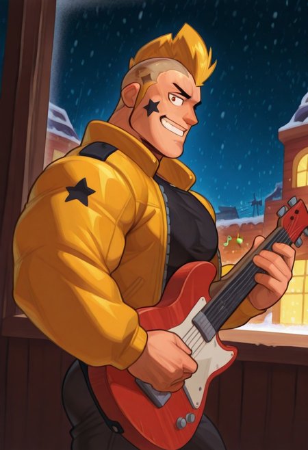 mbtiesfp, 1boy, blonde, short hair, black star on face,, yellow jacket, black shirt, looking at viewer, smirk, grin, happy, brawlStars, in the amusement park, pants, portrait, half body, upper body, amber eyes, shaved mohawk, source_cartoon, vector art, 2d, bara, manly, muscular, 3/4 view, night sky, aurora in the sky, snow, playing guitar, {{holding red electric guitar}}, in the concert, ((floating colorful muscial notes)), snowstorm, Side View, Pec focus, left view, warm lighting, with people walking background, Ru1ss, w0lfc0nf, {{colorful glowing musical notes}}