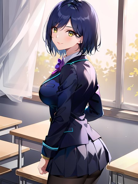 modelshoot style, (masterpiece:1.3), (absurdres:1.3), (best quality:1.3), (8K), (large masterpiece digital art), (detailed manga illustration), (handled hair), pureerosface_v1, perfect anatomy, (sharp eyeliner, eyeshadow, detailed eyes:1.1), (intricate details:1.3), (ultra-detailed:1.3), (illustration:1.3), (sharp focus:1.3), (natural lighting:1.05), (vivid colors:1.3), BREAK  <lora:shizukaRinNijisanji_v1:0.7>, shizurin, 1girl, shizuka rin, solo, large breasts, school uniform, lips, yellow eyes, pleated skirt, purple bow, short hair, blazer, blue hair, purple pantyhose, long sleeves, mole under eye, bangs, bowtie, white shirt, black jacket, purple bowtie, collared shirt, black skirt, sweater, blue jacket, miniskirt, light smile, closed mouth, from behind, BREAK indoors, classroom, window, sunlight, wooden floor,