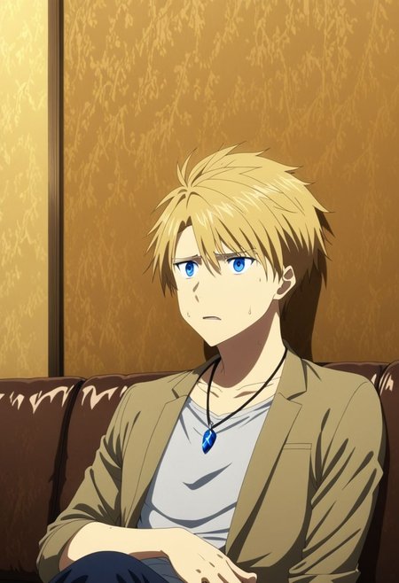 high resolution, solo, best quality, 1Boy, Yamato Ishida, Blond Hair, Blue Eyes, Necklace, deep talk, helpless, sit, couch, OverallDetail