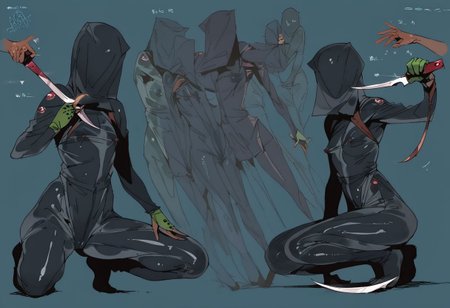 score_9, score_8_up, score_7_up, score_6_up, score_5_up, score_4_up,  1girl,  black eyes, green tree, ((midnight)), tilted angle, loop lighting, (((forest))), solo, ((((holding sickle)))), Concept Art, (((((((camo bodysuit))))))),  flat breasts, flat ass, skinny leg, skinny body, slim girl, (18 years old)), ((pettie)), narrow waist, flat chest, , (((short))), flat breasts, flat ass, narrow waist, ((flat chest)), (((short))), ((flat chest)), (((anorexic))), ((((dark skin woman))))), (((tight green glove))), ((((bodysuit)))), black hair, (((pixie cut))),  (((smug))), ((green glove)), , ((nipple)), ((((((dynamic pose)))))))   , ((((((dynamic hand))))))) , ((((((dynamic leg))))))) ,(((((((transparent black bodysuit)))))), ((((lesbian))))), ((((crouched on a very high tree)))), ((((character sheet)))), (black face), faceless