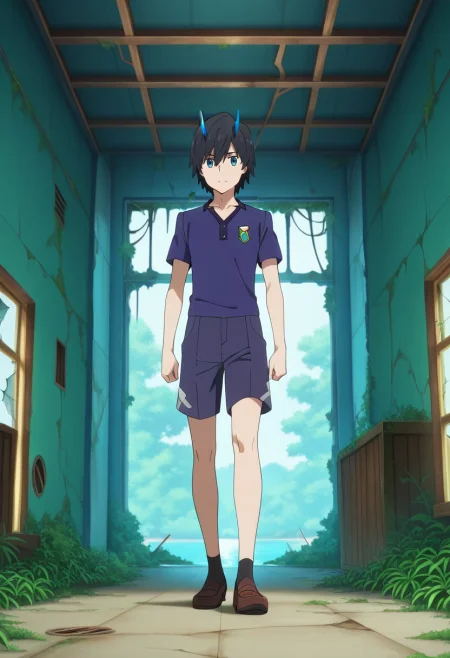 masterpiece, best quality, , anime screencap, anime coloring, official style, , 1boy, solo, male focus, <lora:hiro_franxx_ilxl:0.94>, hiro_franxx, black hair, blue eyes, bangs, blue horns, oni horns, abandoned factory, broken windows, rusted beams, overgrown plants, exploring pose, cautious expression, eerie lighting, Tailored shorts, Silk Damask Pique polo shirt, Boat shoes, Skullcap,