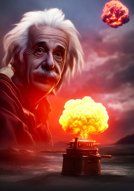 Albert Einstein  and his pet hypernuke on a leash that he holds, illustrated in FWATCH STYLE, colour grading, (Albert Einstein with curly hypernuke hair), SD2VrayRender, PhotoHelper, SD2CINEMA768-DIGITAL. SD2PaintedLandscape