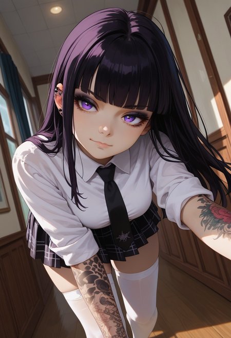 (score_9, score_8_up, score_7_up), 1girl, solo, black hair, purple eyes, long hair,  straight bangs,  26 years old, medium breasts, (goth:1.3), 
(white shirt, black tie, checkered pleated skirt, white stockings, thighighs:1.2), checkered skirt,  hime cut,  sneakers, rolled up sleves,
tattoo, tattoo on body, tattoo on arm
Expressiveh,
fisheye,  (dutch angle, face close-up, face focus, :1.4), 
 (walking down hall, indoors:1.1), college,
 smug, bored,