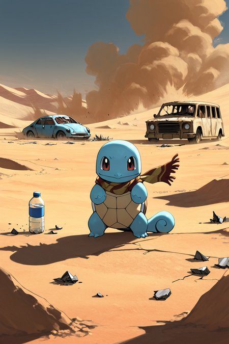 masterpiece, best quality,   <lora:SquirtlePokedexIXL:1.0>,   zzSquirtle, tattered scarf, scavenger gear, cracked shell, rusted water bottle, desert wasteland, broken highway, abandoned car, survival instincts, intense expression, dramatic dust storm