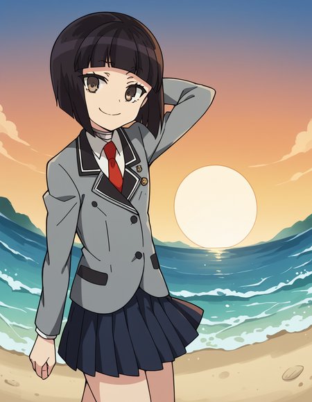 score_9, score_8_up, score_7_up, source_anime, <lora:otome-saotome-s1-ponyxl-lora-nochekaiser:1>, otome saotome, short hair, black hair, brown eyes, blunt bangs,, skirt, school uniform, pleated skirt, necktie, black skirt, red necktie, grey blazer, long sleeves,, beach, sunset, walking along shore, footprints in sand, waves, peaceful, smile, hand behind head, , looking at viewer, solo,, dutch angle, cowboy shot