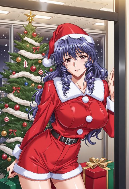 masterpiece, best quality, newest, highres, uncensored, 1girl, yokota mamoru style,1girl, slender face，motion lines, a very attractive sexy woman dressed in a Santa costume holding on a present box standing under Christmas tree at the illuminate street, 1girl, solo, hat, illumination, Christmas, Christmas tree, coat, fur trimmed wear, breasts, red shorts, Santa hat, shorts, Santa costume,red santa dress, fur,belt,christmas town, christmas decor, winter, snowing, shops, nighttime, lights in windows, yellow gaslight illumination,Sasazuka Kyou,Blue hair, Ringlet, Wavy hair,Brown eyes,Big Breasts,Pale, Slim