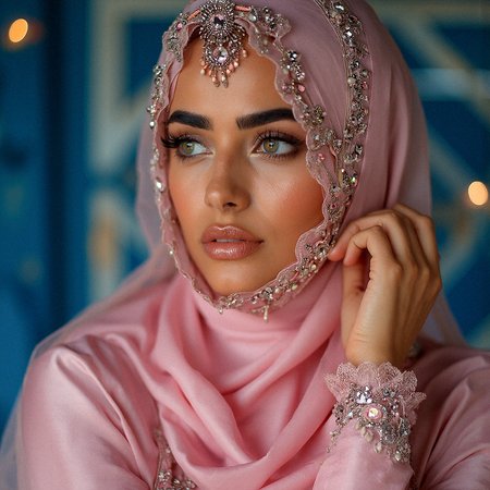 A close-up of a Middle Eastern woman wearing a luxurious pink satin hijab, intricately embroidered with silver and pink jewels. Her light green eyes, framed by perfectly shaped brows and accentuated by dark eyeliner, are captivating. The softly blurred background, with warm bokeh lights, enhances the elegance and mystique of her gaze.
Cool, blue-tinted lighting contrasting with warm highlights on the jewelry.Subtle rim lighting outlining the edges of the hijab. Delicate light reflections on the gems, adding sparkle.

Her characteristics are Smooth, flawless tanned skin with a natural glow. Refined, elegant nose with a delicate bridge.Delicate, minimal makeup emphasizing her natural beauty.Soft, warm-toned eyeshadow complementing her eye color.

Pink satin hijab with intricate silver embroidery along the edges. Delicate veil adorned with tiny, dangling pink gemstones. Jeweled headpiece with a central gem resting on her forehead. Subtle metallic accents in the embroidery, reflecting light.
Long, flowing sleeves with delicate lace trimming. Soft, sheer layer of fabric over the satin, adding dimension. long sleeves past wrist.

Her right hand lightly touches the edge of her veil near her cheek, eyes looking thoughtfully into the distance.

Abstract geometric patterns with muted metallic tones.










