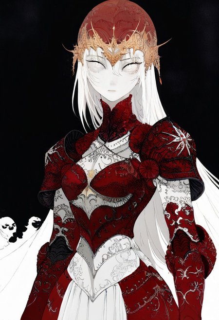 solo, looking at viewer, white eyes, plain black background, 1woman, solo, long white hair, pale white skin, red armor, masterpiece,best quality,very aesthetic,absurdres
 <lora:monfornoob:0.95>