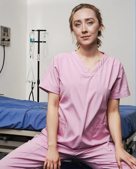 <lora:SaoirseRonan:1> realistic photo, full body photo, 1girl, Saoirse Ronan wearing nurse scrubs, sitting in a hospital exam room, dynamic sitting pose, looking at the camera, eye contact, perfect composition  <lora:dmd2_sdxl_4step_lora_fp16:1>