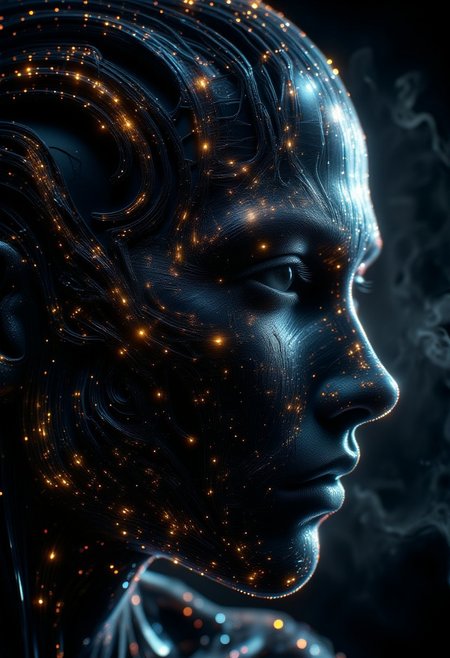 (By Larry Carlson:100) Super face Closeup Portrait,(cyberpunk face augmentation:1.45), (black color circuit board glowing tattoos:1.5 on face), epic skin detailes, Sci-fi Darkness , a quiet Fighter, feudal Ninja,, robotic shinobi suit, (style Jeremy Geddes:1.35) , Satin texture, (Glitchy:1.5) (Foggy:1.35), (Harsh lighting:1.4)