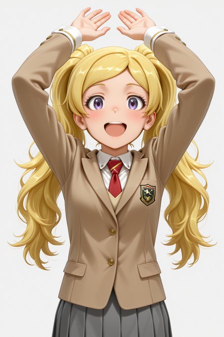 masterpiece, best quality, amazing quality, 1girl, solo, makeup, perspective, general, looking at viewer, cowboy shot, anime screencap, blush, :d, smile, open mouth, simple background, <lora:Emily_Stewart_Million:1>, Emily_Stewart_Million, blonde hair, long hair, twintails, purple eyes, breasts, parted bangs, school uniform, brown blazer, white shirt, red necktie, pleated skirt, arms up, wrist cuffs, <lora:wai-2Rectified-V140:1>, <lora:illustrious_noobai_epsilon_pred_1_masterpieces_v1:1>
