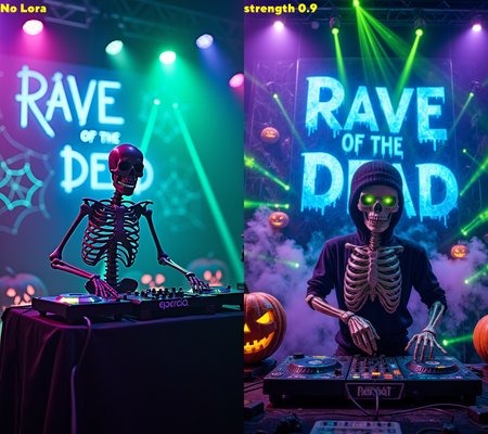 Skeleton DJ at a Haunted Rave: The skeleton DJ is spinning records on a glowing neon green and purple stage, surrounded by fog and lasers cutting through the air. The backdrop pulses with glowing spider webs and eerie pumpkins, and behind him, the words "Rave of the Dead" flicker in electric blue, perfectly in sync with the haunting beat  ,   , , aidmamjv7