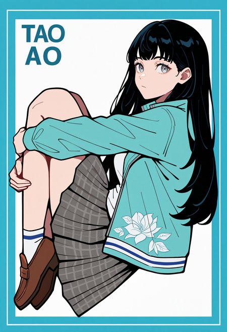 masterpiece, best quality, newest, absurdres, highres, 1girl, from side, looking at viewer, expressionless, fetal position, hugging own legs, (limited palette:1.1), character name, <lora:TaoSMT-illu:1> tao, black hair, long hair, choppy bangs, grey eyes, aqua jacket, open jacket, track jacket, medium breasts, long sleeves, floral print, white shirt, collared shirt, grey skirt, plaid skirt, pleated skirt, white socks, brown footwear, simple background, blue border