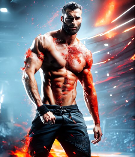 portrait of gigachad, city bokeh background, art by bforangeteal, extremely detailed, embers, debris, art by photohelper, masculine, skin pores