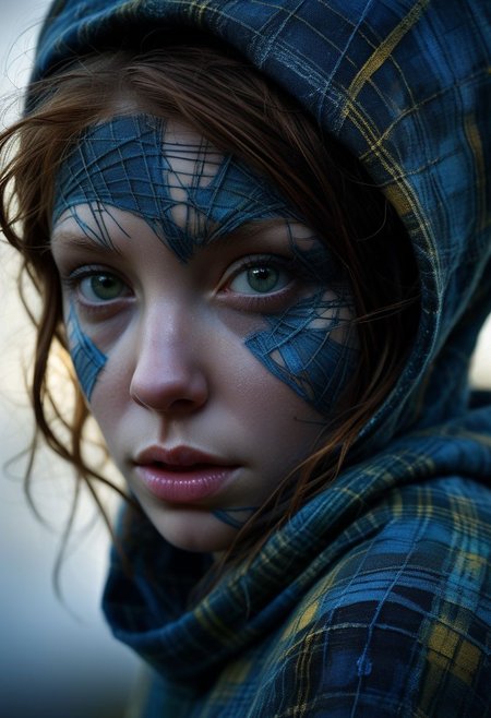 Close-up face, mysterious silhouette of a scottish girl in worn down clothing, goddess, alluring, by Minjae Lee, Carne Griffiths, Emily Kell, Steve McCurry, Geoffroy Thoorens, Aaron Horkey, Jordan Grimmer, Greg Rutkowski, amazing depth, double exposure, surreal, geometric patterns, intricately detailed, bokeh,  perfect balanced, deep fine borders, artistic photorealism , smooth,  great masterwork by Suiras  <lora:add-detail-xl:2>  <lora:Double_Exposure:0.5>