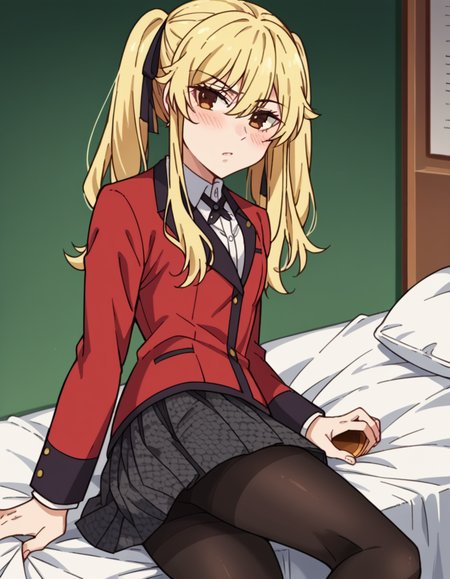 score_9, score_8_up, score_7_up, source_anime, <lora:mary-saotome-s2-ponyxl-lora-nochekaiser:1>, mary saotome, long hair, blonde hair, hair between eyes, twintails, brown eyes, hair ribbon,, skirt, shirt, school uniform, jacket, white shirt, pantyhose, pleated skirt, collared shirt, black pantyhose, blazer, red jacket,, indoors, bed, bed room, on side, blush, drunk, looking at viewer, solo,, cowboy shot, dutch angle