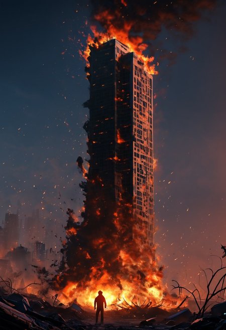 Masterpiece, 4k, ultra high detail, 
Dark sky, burning sky, nighttime, night, burning skyscraper, destoyed skyline, 
 Apocalyptic scene, burning skyscraper, burning city, destroyed cars, Collapsing buildings, 
End of the World, 
negative_hand, NightScapes,