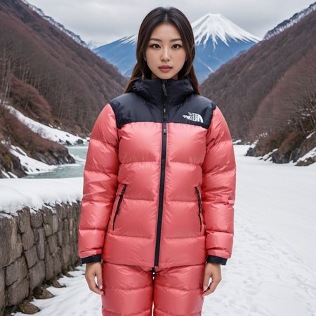 one japanese women wearing a tnf_nuptse jacket and   downsuit puffer_downsuit , hyperdetailed photography,4k textures,intricate details,4k resolution,  <lora:puffer_downsuit_v1:0.6> outdoors scene 
 <lora:pufferdown_tnf_nuptse:0.6>