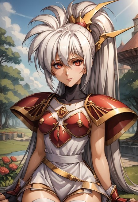 kuroinukaguya, , (best quality) , (highly detailed) ,((masterpiece)), ((best quality)), (ultra-detailed), ((extremely detailed)), (high resolution), 4K, (8K), best quality, (beautiful), (dynamic lighting), (super detailed skin), sharp focus, (1_girl, solo focus), (score_9,score_8_up,score_7_up,source_anime,(masterpiece:1.2),best quality,very aesthetic,public indecency,absurdres),masterpiece,best quality,very aesthetic,fantasy,absurdres,1girl,solo, <lora:luna_p_v1.2:1>,white hair,high ponytail,<lora:Fixhands_anime_bdsqlsz_V1:1>, armor,long hair,,
 shirt, short sleeves, bodysuit, black bodysuit, shorts, gloves, bodysuit under clothes, collared shirt (outdoors, garden, sitting, arms support), (portrait, upper body), solo focus, seductive smile, looking at viewer, forest, tree <lora:NidaleeLoLXLv2:0.8>
masterpiece,best quality, very aesthetic, absurdres, ultra detailed, high resolution, 4k, extremely detailed CG,
detailed eyes、detailed face and detailed skin <lora:add-detail-xl:1.0>