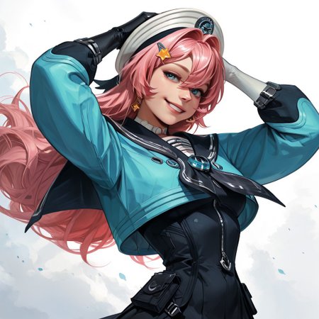 Portrait shot, close up, Expressiveh,
score_9, score_8_up, score_7_up, realistic, 1girl, 
zzNase, blue eyes, pink hair, long hair, hair between eyes, star hair ornament, hairclip,  white headwear, beret, sailor collar, boots, gloves, black skirt, blue jacket, single thighhigh, asymmetrical legwear,
open jacket, 
gold Accessoires, standing, medium breasts, ((sexy Pose)) naughty smile, looking at viewer, fit body, tiny waist, wide hips,