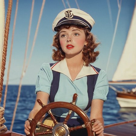 <lora:30s_Technicolor_MovieSDXL:1> ArsMovieStill, movie still from a 1930s technicolor movie, The image shows a woman in a sailor's hat standing on the deck of a boat holding the steering wheel. The boat is sailing on the water with a clear blue sky in the background., 1girl, solo, watercraft, hat, brown hair, shirt, curly hair, suspenders, blurry, outdoors