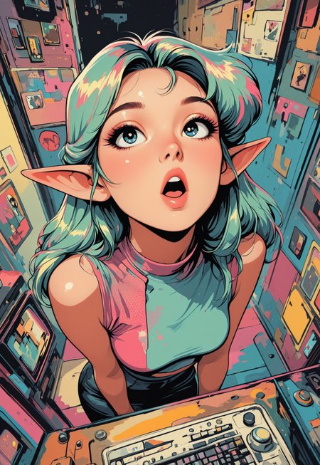 high_quality, highres, beautiful, detailed, (masterpiece, best quality:1.2), absurdres, 8k, HDR, 
retro, grunge, woman, In the style of Jedppa, popart,
 diagonal_angle, high_angle, elf, :o