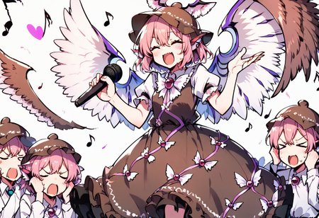 score_9, score_8_up, score_7_up, masterpiece, best quality, detailed, perfect, perfection, vibrant, gorgeous, 
BREAK
mystia, wings, brown headwear, short hair, hat, animal ears, puffy sleeves, dress, pink hair, brown dress, cowboy shot, frills, pink eyes, juliet sleeves, jewelry, shirt, winged hat, bangs, hair between eyes, white wings, white shirt, bird wings, feathered wings, earring, frolled dress, frilled sleeves, 
BREAK
bad singing,crowd,happy,grimace,(hands on own ears:1.2),music,noisy musical note, multiple boys,screaming,closed eyes,blank eyes,holding microphone,