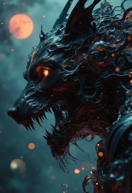 Style of Igor Morski. Highly detailed portrait, off-center composition, right-aligned dynamic composition, an other wordly alien like monstrous skeletal creature, black glossy fractal skin leather texture, slimey, teeths, profile of a skeletal wolf with gaping jaws sharp teeth, disheveled fur fused half with a human set against a dark smoky background. The lighting accentuates the bone's texture and eerie atmosphere, cinematic film still, shallow depth of field, vignette, highly detailed, high budget, bokeh, cinemascope, moody, epic, gorgeous, film grain, grainy, cyberpunk style, glowing eyes, weird creature, blood moon in the background, Attack mode, hunting, on the move. The background is dark, with subtle glowing particles floating in the air, creating an enigmatic, otherworldly mood.