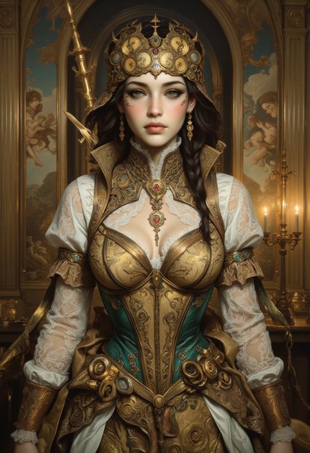 A Renaissance-inspired oil painting of a woman standing in a grand, baroque hall, dressed in a hybrid Renaissance-steampunk gown of rich, bronze-threaded velvet and layered mechanical filigree. The corset, reinforced with polished brass gears and delicate clockwork mechanisms, moves subtly as if adjusting to her breath. Her sleeves, made of sheer lace infused with thin, metallic wiring, glisten under the candlelit glow. A golden monocle with embedded microcircuitry rests over one eye, magnifying the faint glow of data symbols reflected in her iris. Behind her, an intricate mural of Renaissance cherubs is seamlessly overlaid with faint blueprints of celestial machinery, bridging classical artistry with mechanical innovation. She stands poised with a brass-engraved scepter, her expression calm and knowing as she watches over an empire of both past and future.