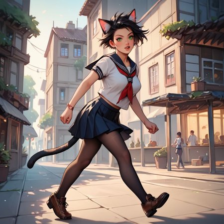 (score_9), (score_8_up), (score_7_up), (score_6_up), (score_5_up), (score_4_up), (masterpiece), best quality, detailed eyes, female, cat ears, cat tail, short hair, spiky hair, black hair, green eyes, medium breasts, sailor uniform, short skirt, black pantyhose, brown shoes, running, Japanese town
