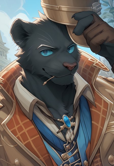 score_9, score_8_up, score_7_up, 8k, detailed design, detailed background, detailed characters, masterpiece, anthro only, furry only, 1boy, solo,  <lora:GranruthCrave_Saga-000003>, granruth, furry male, black fur, gloves, blue eyes, coat, vest, panther boy, jewelry, blue sclera, looking at viewer, close up, smile, smirking,  outside,