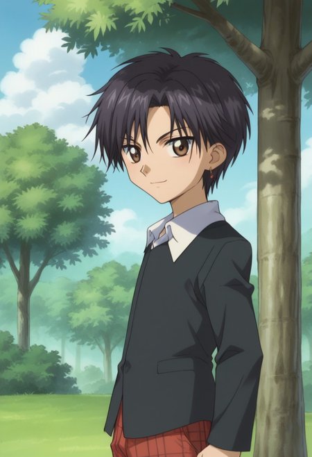 score_9, score_8_up, score_7_up, source_anime, highly detailed, 
natsume, 1boy, solo, black hair, short hair, brown eyes, shorts, red shorts, plaid shorts, school uniform, black sweater, shirt, white shirt, long sleeves, earrings, jewelry, upper body, light smile,
outdoor, sky, clouds, tree