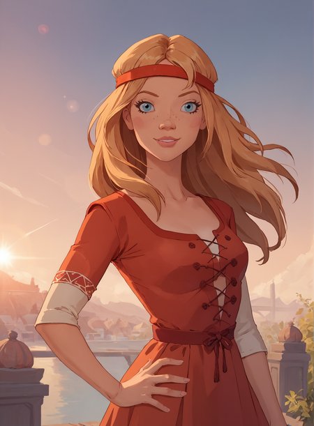 score_9, score_8_up, score_7_up, source_cartoon, 1girl, alyonushka, red dress, posing, cowboy shot, portrait,  outdoors, lens flare,  <lora:melnica_girls_pxl_v1.1:0.8>