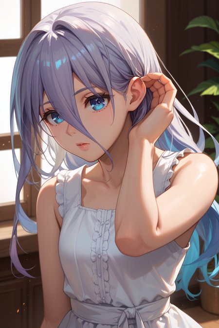 score_9, score_8_up, score_7_up, score_6_up, source_anime, BREAK, <lora:Mio Takamiya-PonyXL-lora-Faxtron:0.85> mio takamiya, blue eyes, grey hair, long hair, hair between eyes, white dress, collarbone, sleeveless,
<lora:HandOnOwnEar_pdxl_Incrs_v1:1> hand on own ear, hair tucking, hair behind ear, hand up, adjusting hair,