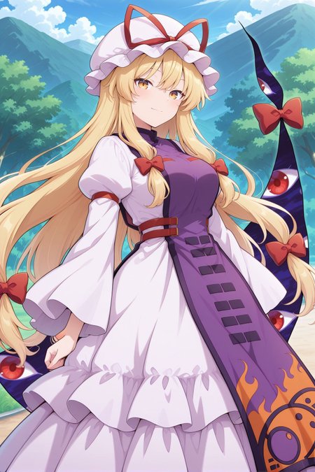 absurdres, highres, masterpiece, best quality, amazing quality, official anime artwork, screencap, anime screencap, outdoors, looking at viewer, light smile, dynamic pose, standing,
<lora:Yukari-Yakumo_IllustriousV2:1>  yakumo yukari, 1girl, solo, yellow eyes, blonde hair, long hair, sidelocks,, mob cap, white hat, hat ribbon, hair bow, red bow, white dress, juliet sleeves, puffy sleeves, long sleeves, wide sleeves, purple tabard, gap \(touhou\),