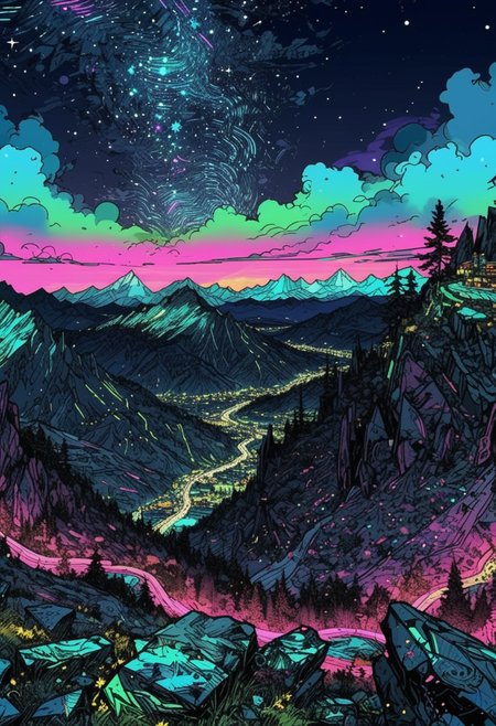 scenic landscape, Long-exposure astro-photography, (starry ht sky:1.22), irregular shattered luminous star clusters in sky, (stellar background:0.9), (high-resolution) (sharp details:0.85),} vast rocky mountainside, scenic landscape view,  (high quality:1.22), (pui:0.01),  , 
(Glacier-carved valleys), (tall pines), (sheer cliffs), (distant snow-capped peaks) (epic:0.9, )(RAW:0.75),high definition,masterpiece, amazing quality,   p3,s9